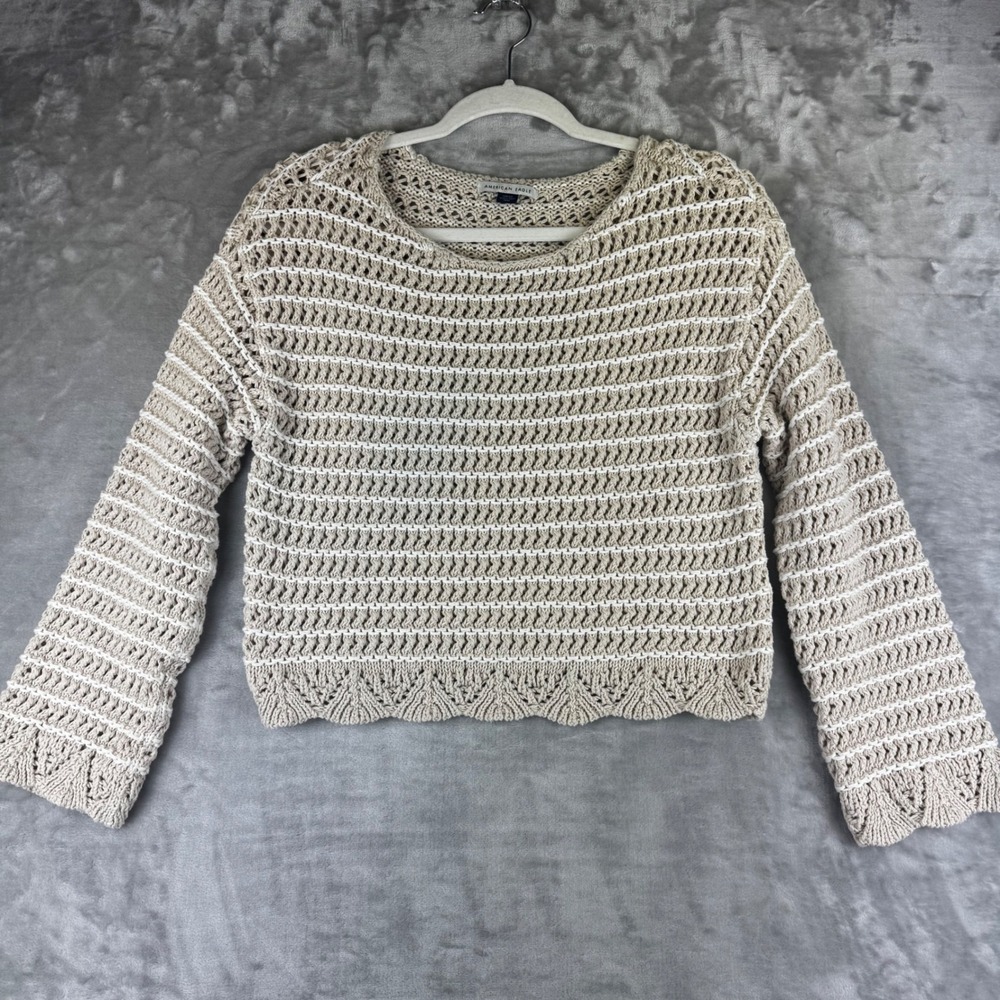 American‎ Eagle Sweater Womens Small Beige Crochet Open Knit Striped (1612)